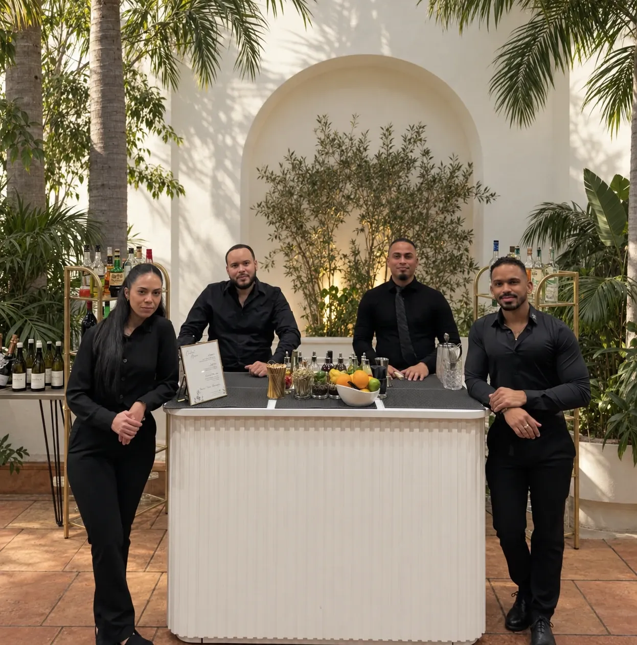 The WOA team behind a white fluted bar in a palm-lined courtyard