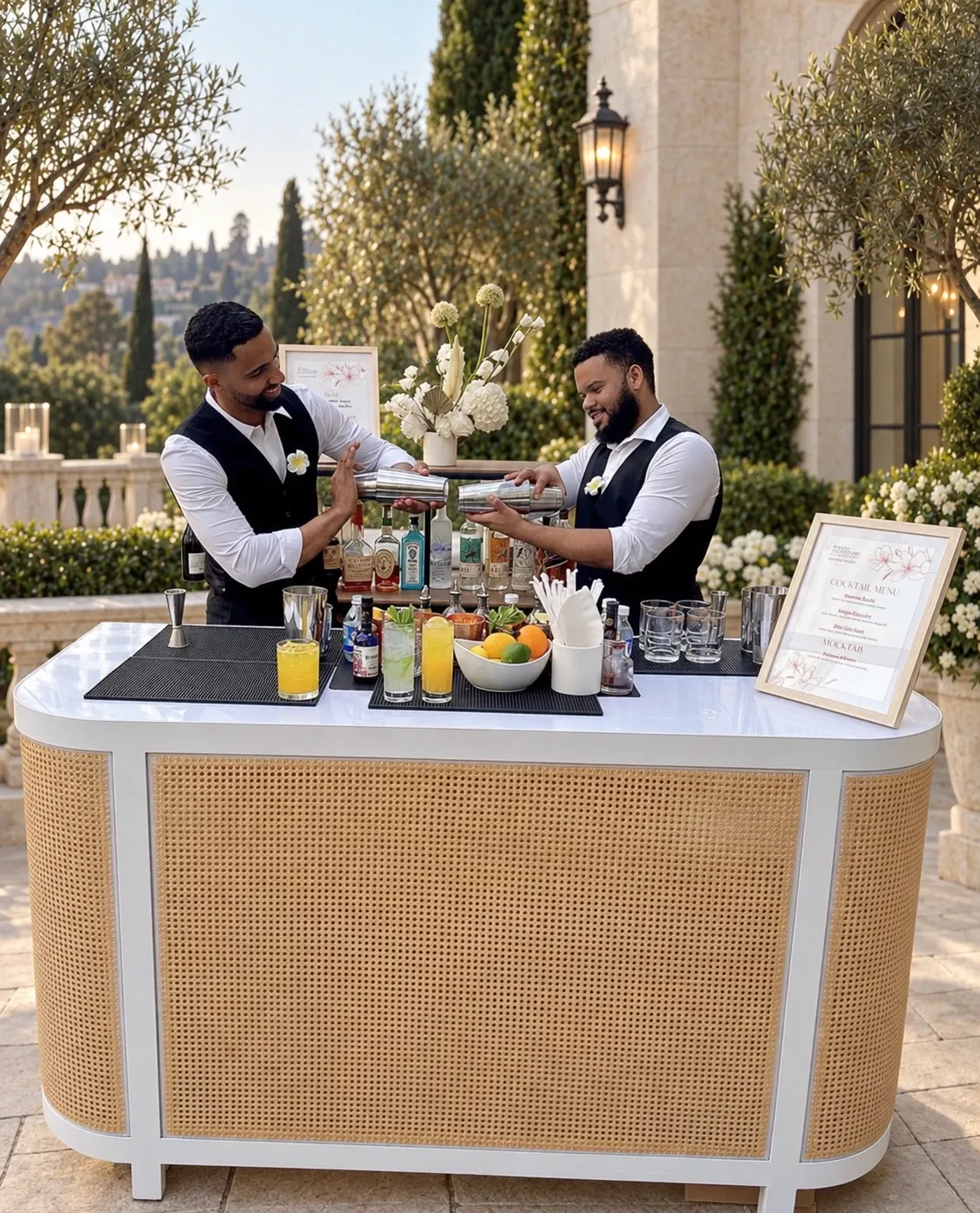 Two WOA bartenders shaking cocktails behind a white cane-front bar at an outdoor event